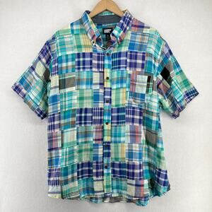 LANDS END Shirt Mens XL 17-17.5 Patchwork Madras Plaid Short Sleeve Cotton Blue